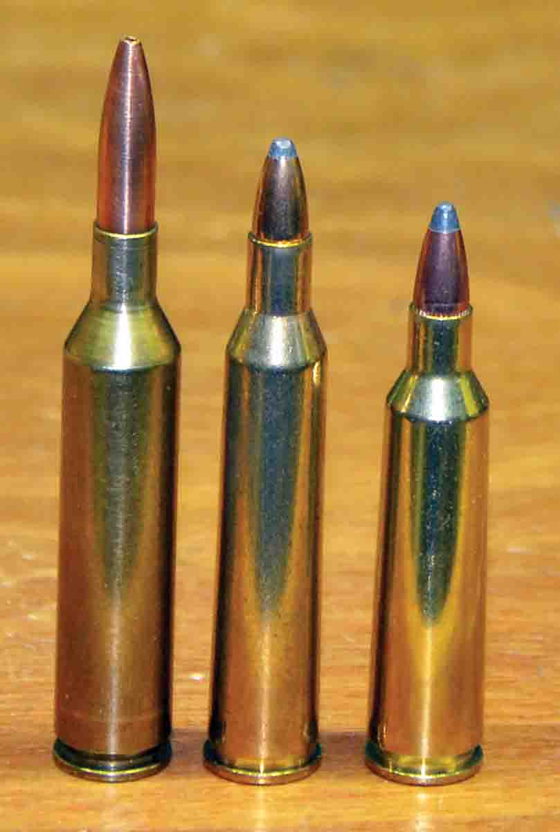 The .224 Clark was promoted as a better combination, varmint/deer cartridge than the .220 Swift and .22-250. Left to right: .224 Clark, .220 Swift and .22-250.